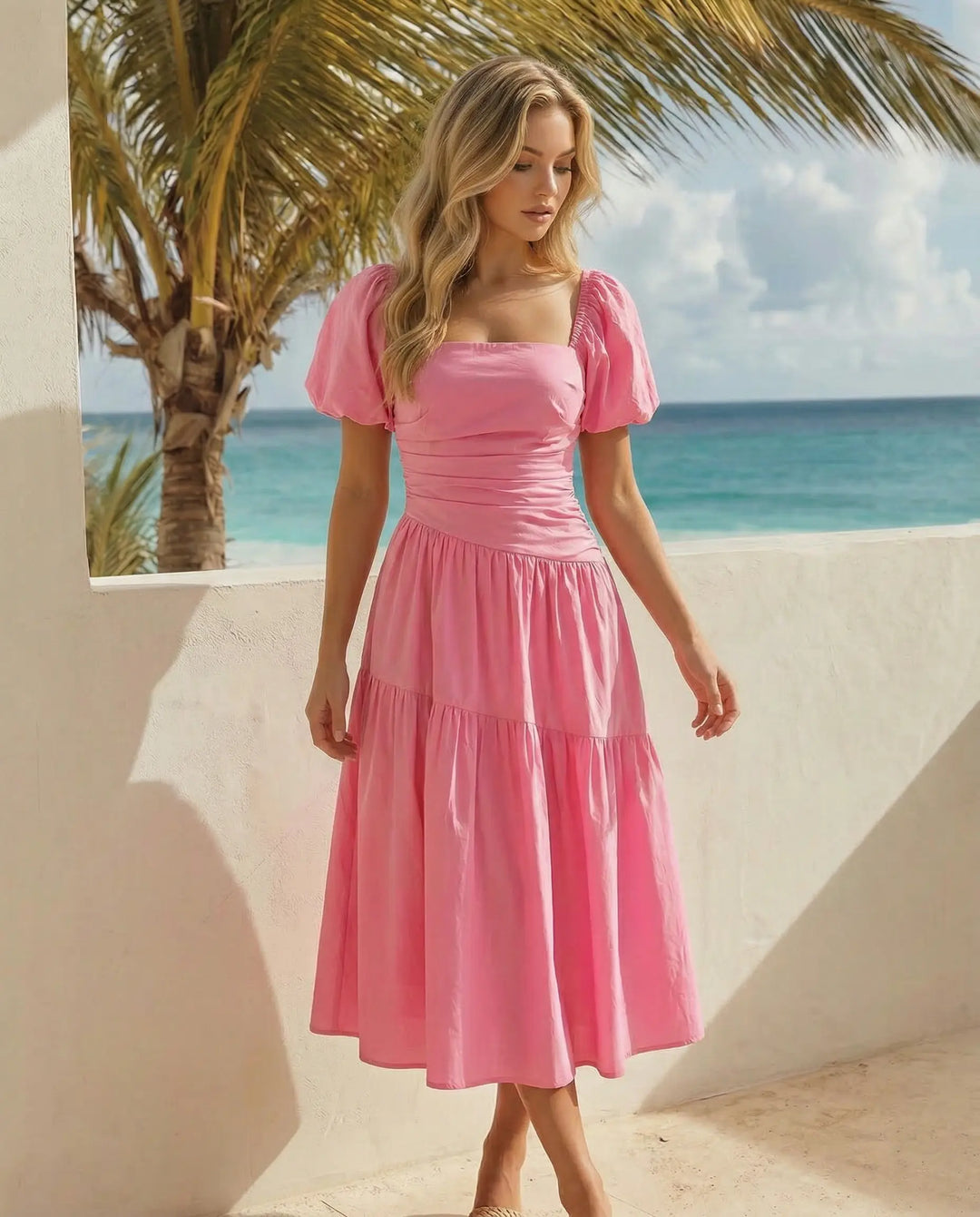 SOLACE  Pink Square Neck Puff Sleeve Ruched Waist Tiered Midi Dress 