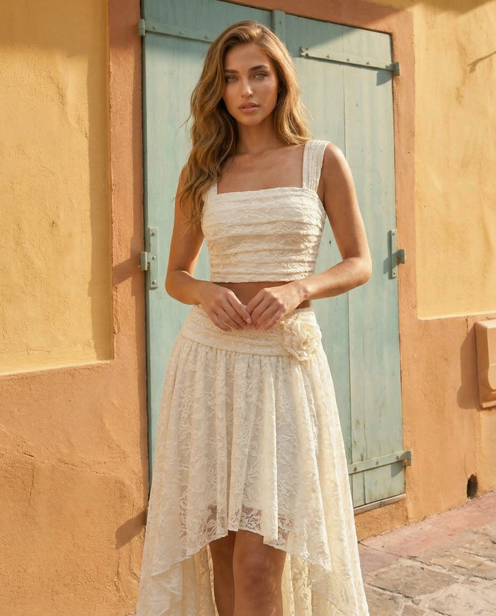 SOLACE  Lace Square Neck Crop Wide Straps Top 