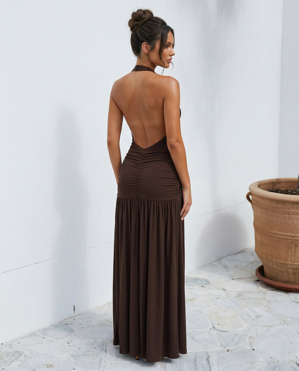 SOLACE  Brown Halter Backless Ruched Bodice Maxi Dress 