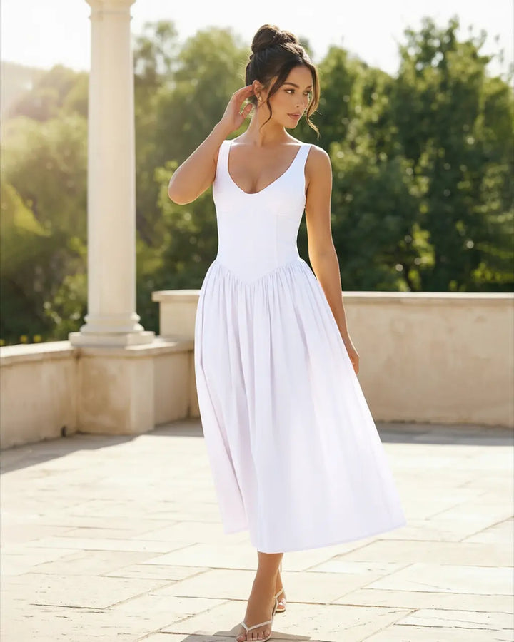 SOLACE  V-Neck Sleeveless Corset Bodice Midi Dress 