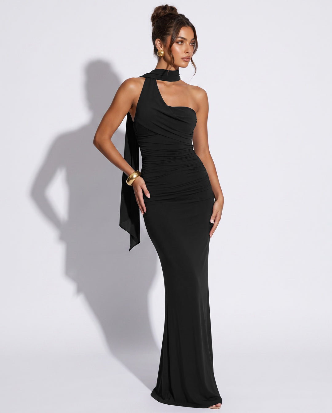 SOLACEOne-Shoulder Scarf Detail Ruched Maxi Dress