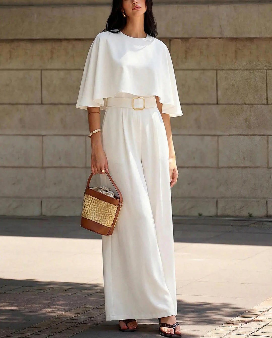 SOLACE  White Cape Sleeve Belted Wide Leg Jumpsuit 