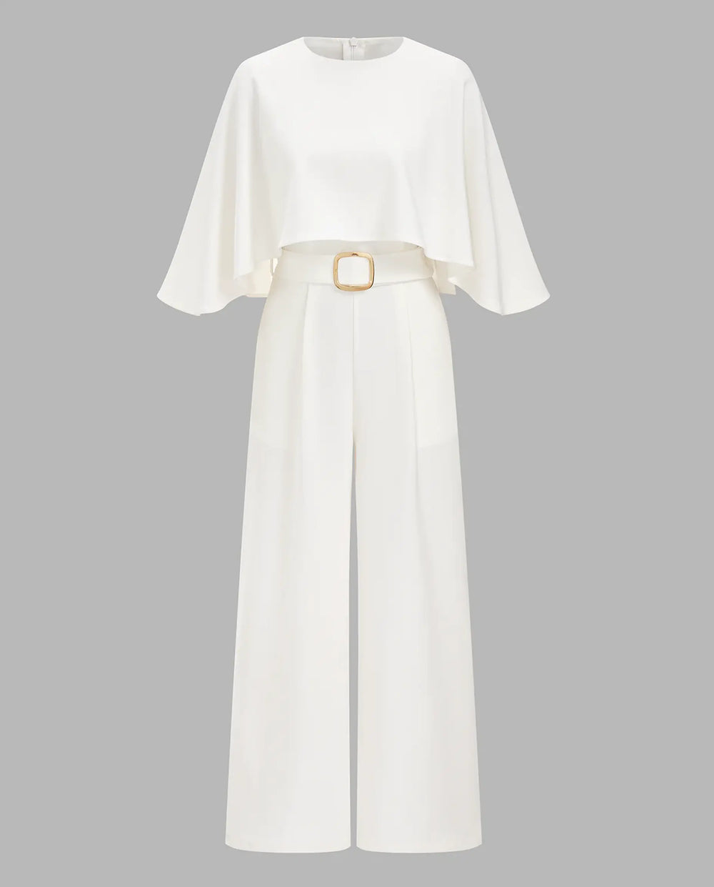 SOLACE  White Cape Sleeve Belted Wide Leg Jumpsuit 
