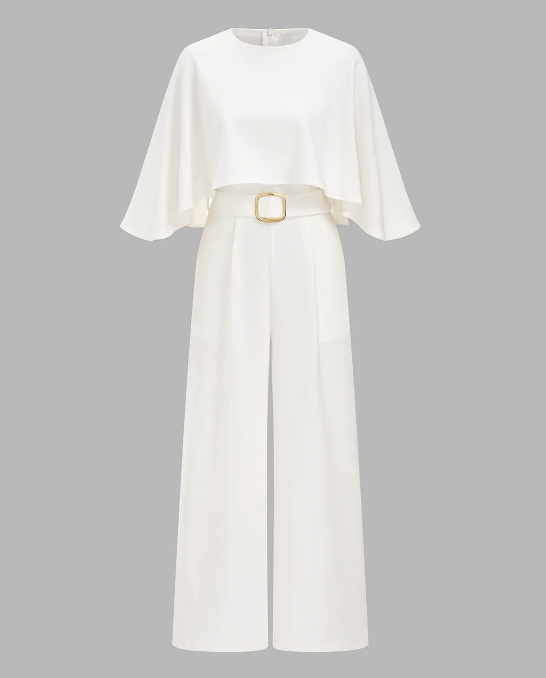 SOLACE  White Cape Sleeve Belted Wide Leg Jumpsuit 