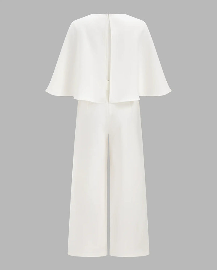 SOLACE  White Cape Sleeve Belted Wide Leg Jumpsuit 