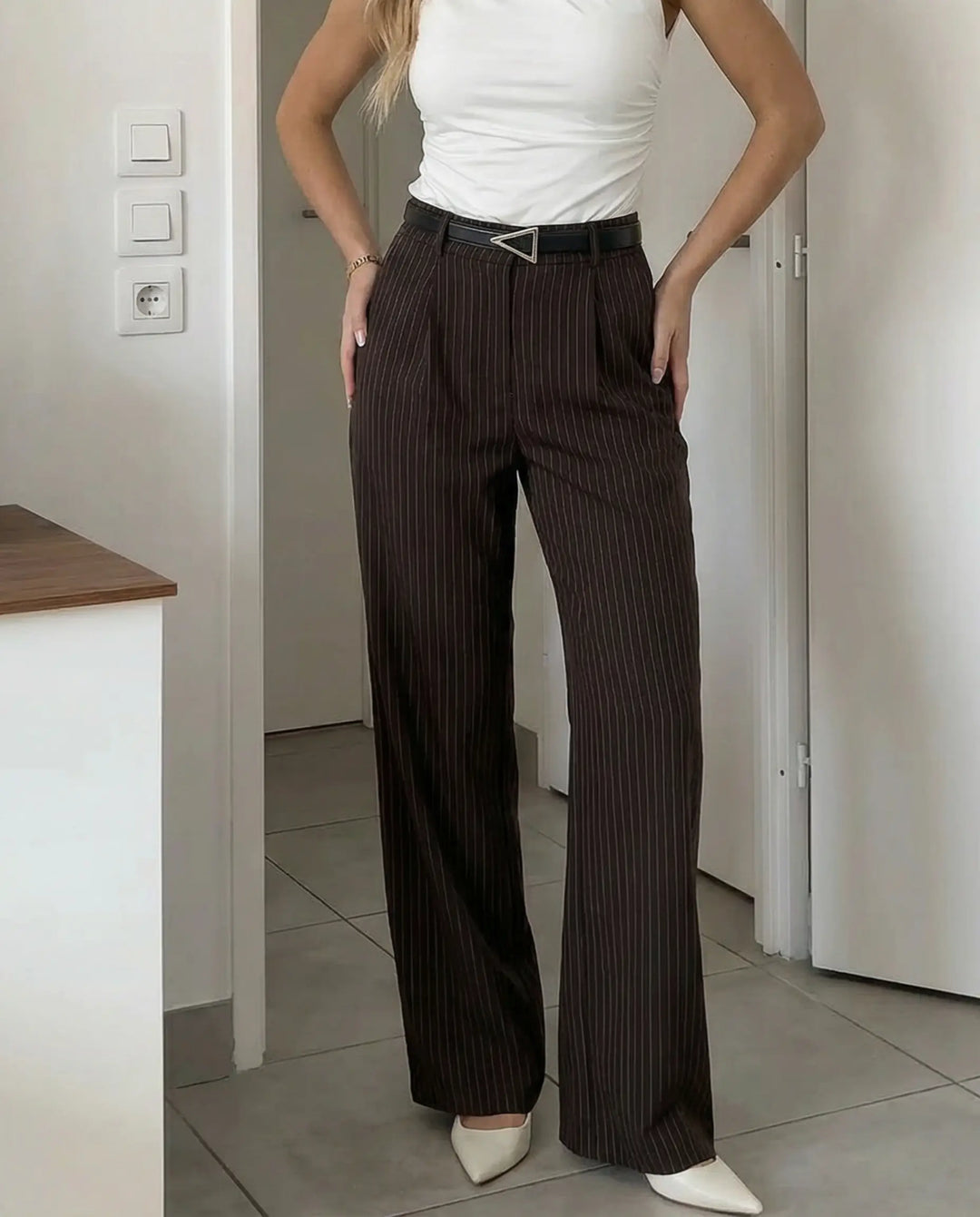 SOLACE  Brown Stripe High Waist Wide Leg Trousers 