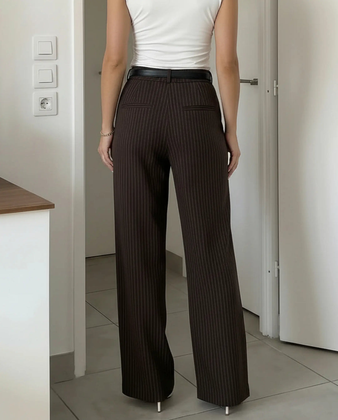 SOLACE  Brown Stripe High Waist Wide Leg Trousers 