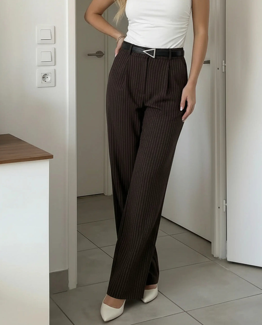 SOLACE  Brown Stripe High Waist Wide Leg Trousers 