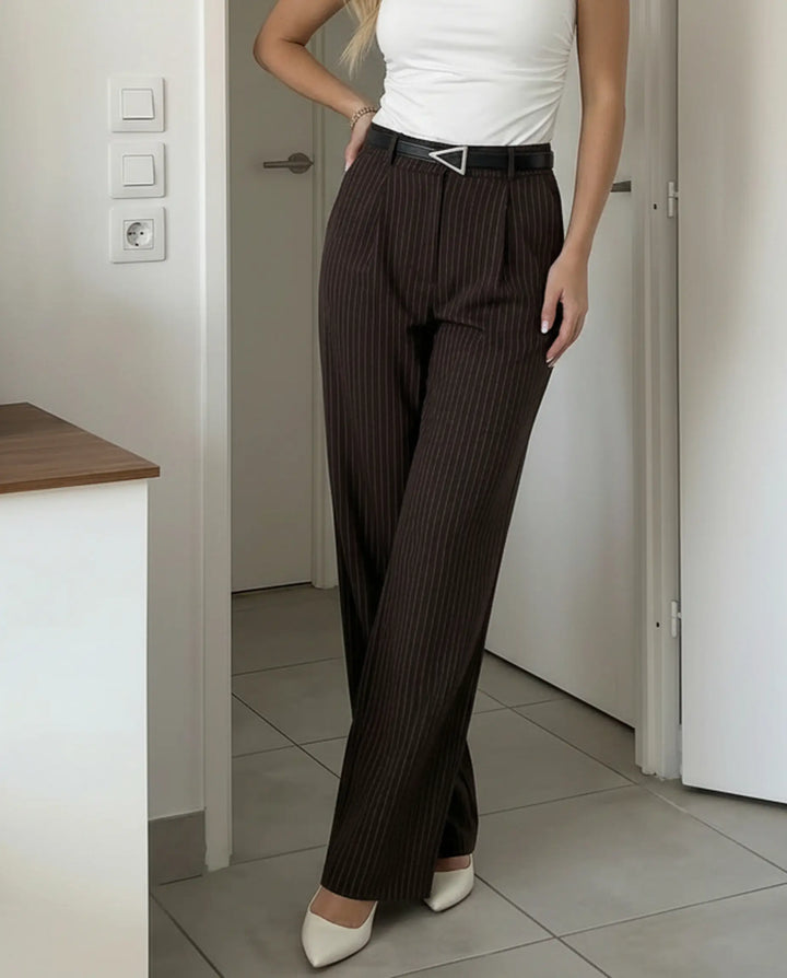 SOLACE  Brown Stripe High Waist Wide Leg Trousers 