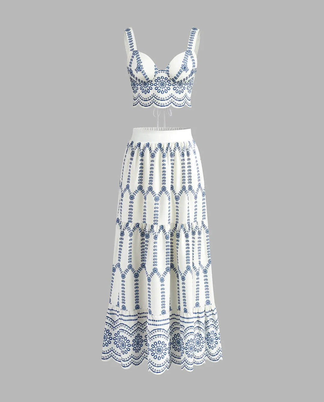 SOLACE  Embroidered  Lace-up Crop Cami Top Tiered Maxi Skirt Set 