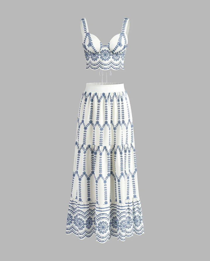 SOLACE  Embroidered  Lace-up Crop Cami Top Tiered Maxi Skirt Set 