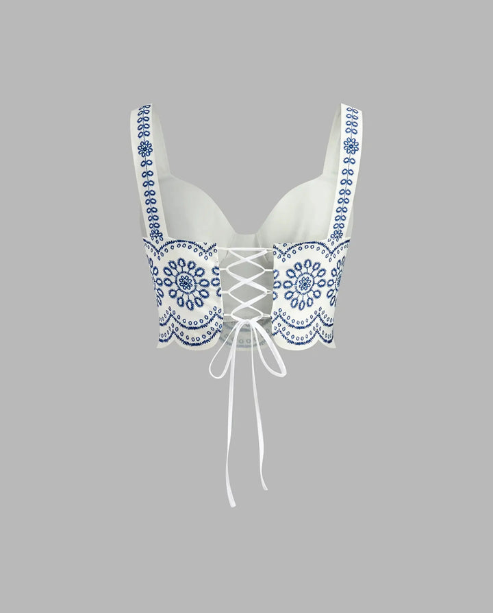 SOLACE  Embroidered  Lace-up Crop Cami Top Tiered Maxi Skirt Set 