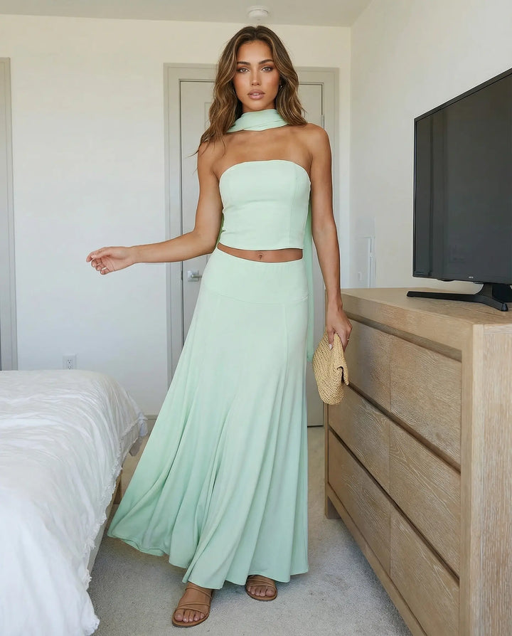 SOLACE  Mint Green Halter Scarf Crop Top Maxi Skirt Set 