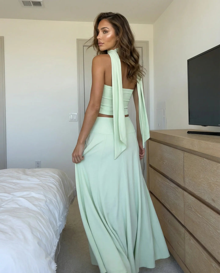 SOLACE  Mint Green Halter Scarf Crop Top Maxi Skirt Set 