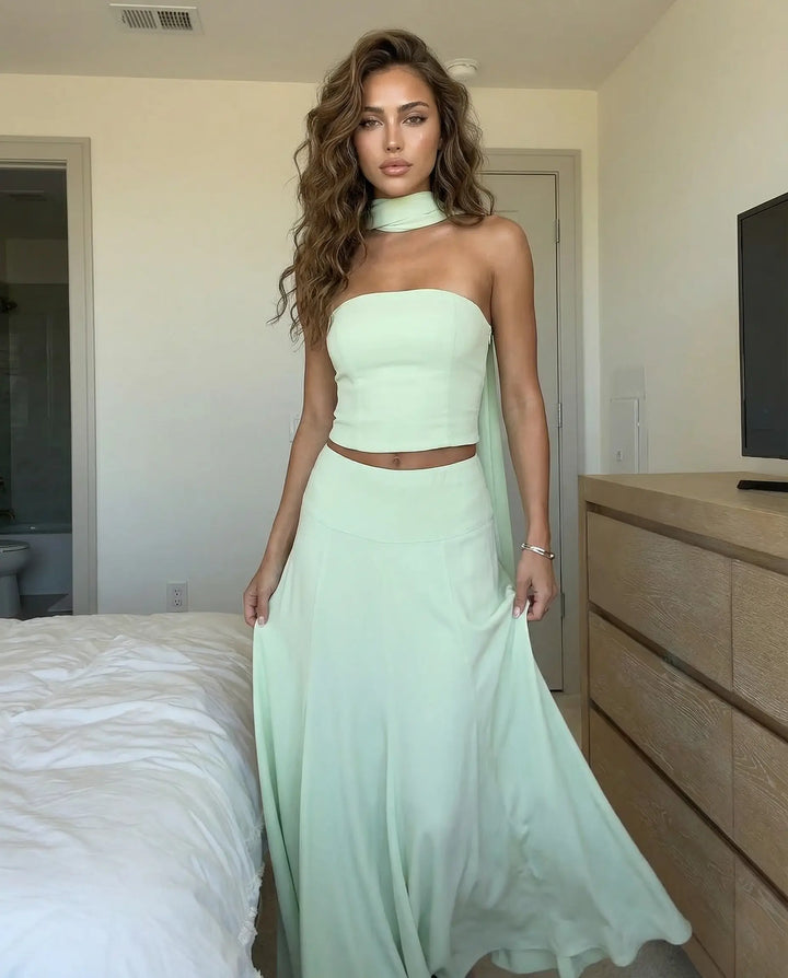 SOLACE  Mint Green Halter Scarf Crop Top Maxi Skirt Set 