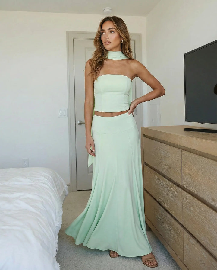SOLACE  Mint Green Halter Scarf Crop Top Maxi Skirt Set 