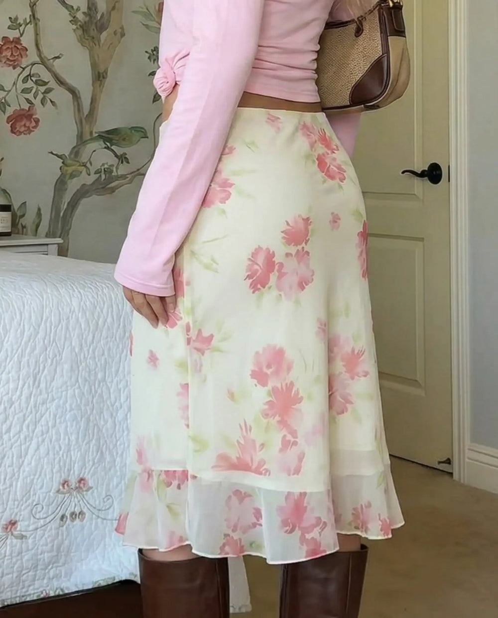 SOLACE  Mid Waist Floral Print Chiffon Midi Skirt 