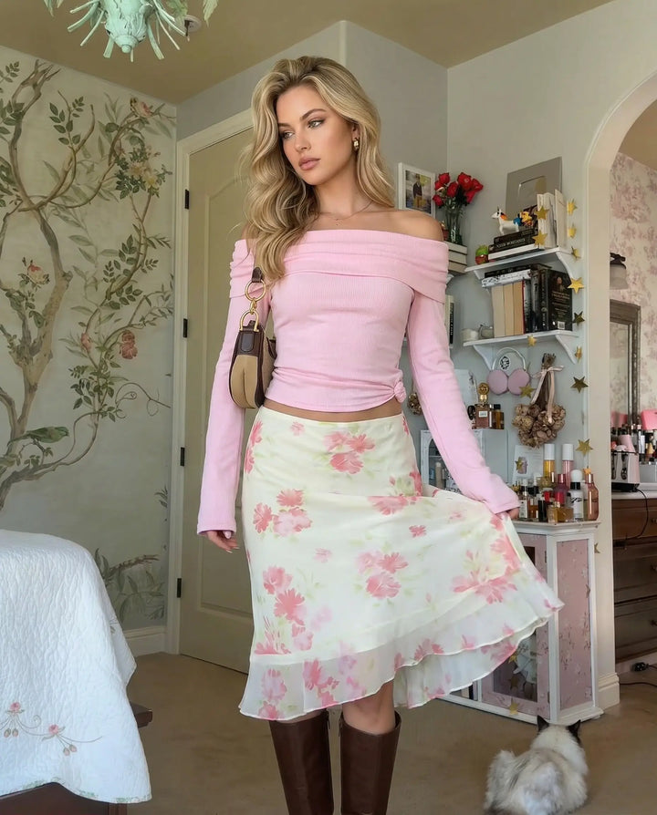SOLACE  Mid Waist Floral Print Chiffon Midi Skirt 