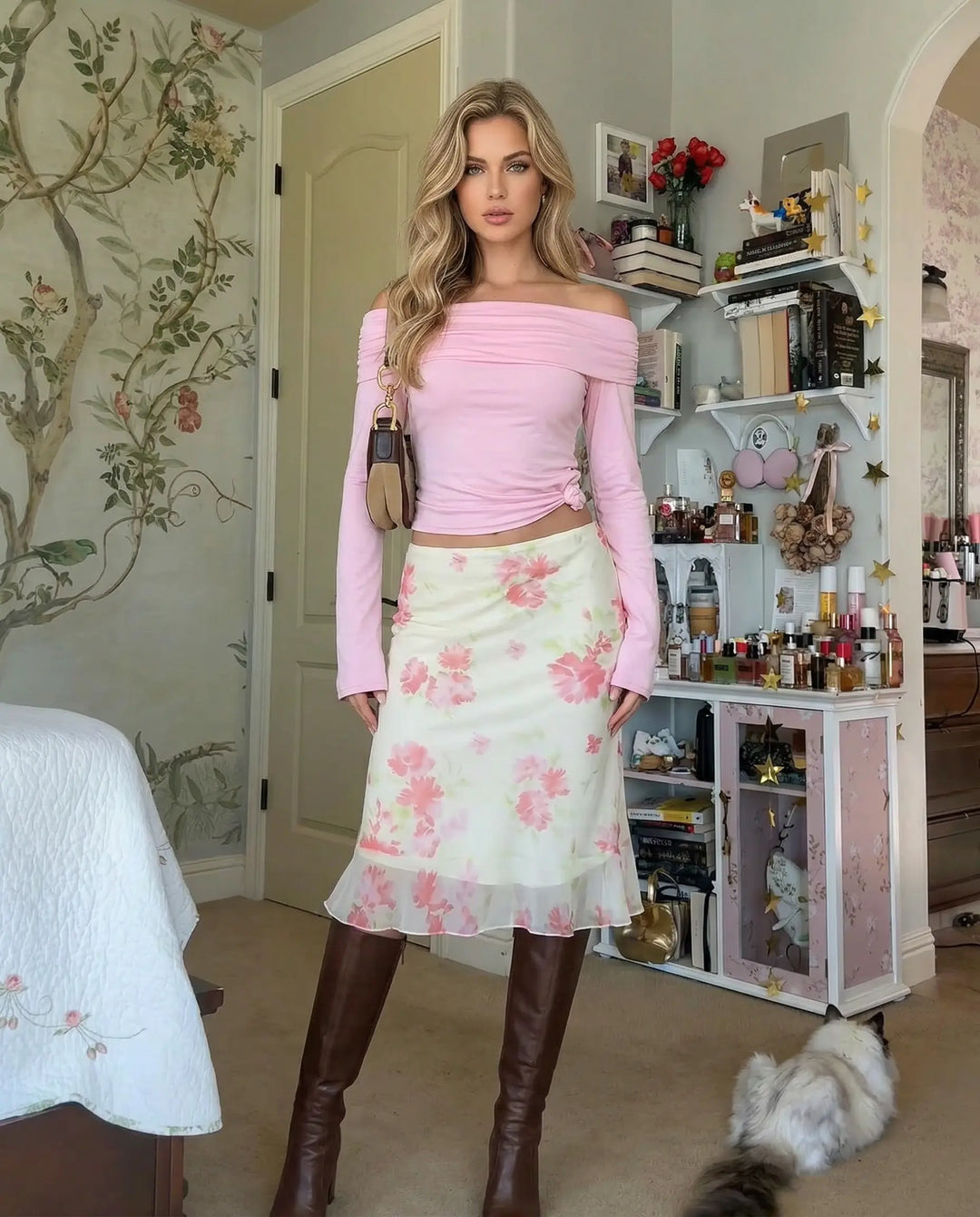 SOLACE  Mid Waist Floral Print Chiffon Midi Skirt 