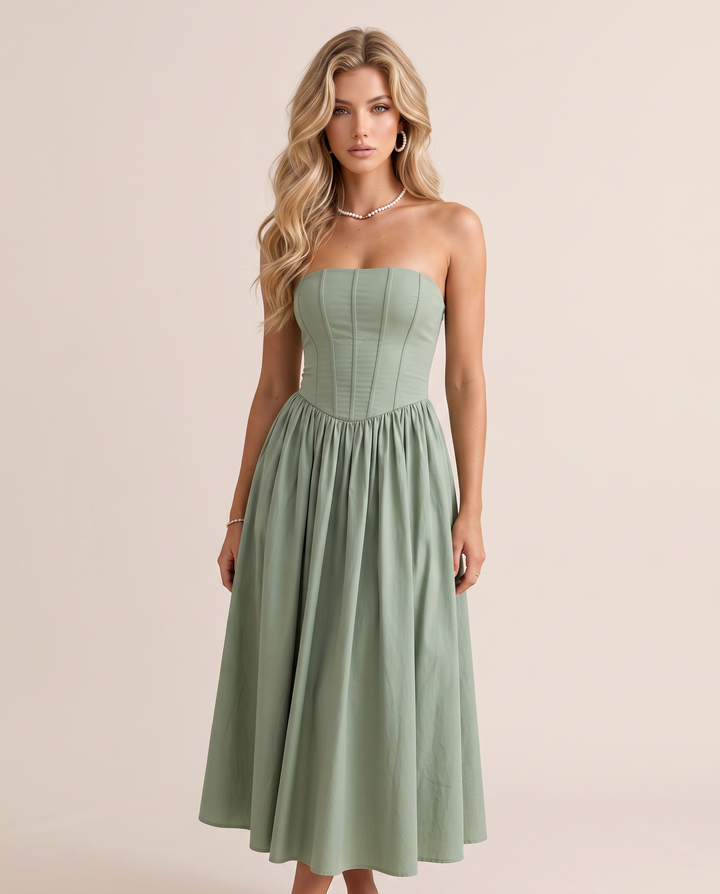 SOLACESage Green Strapless Sleeveless Corset Midi Dress