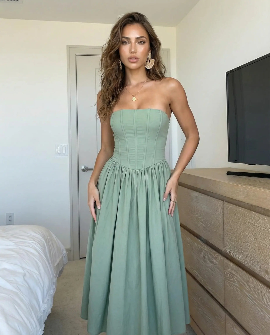 SOLACE  Sage Green Strapless Sleeveless Corset Midi Dress 