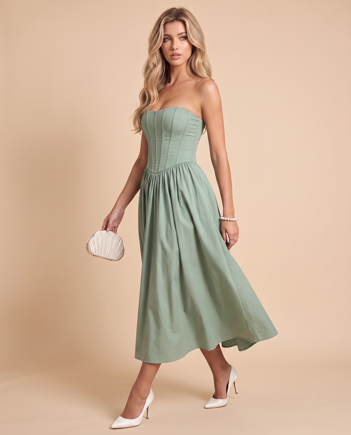 SOLACESage Green Strapless Sleeveless Corset Midi Dress