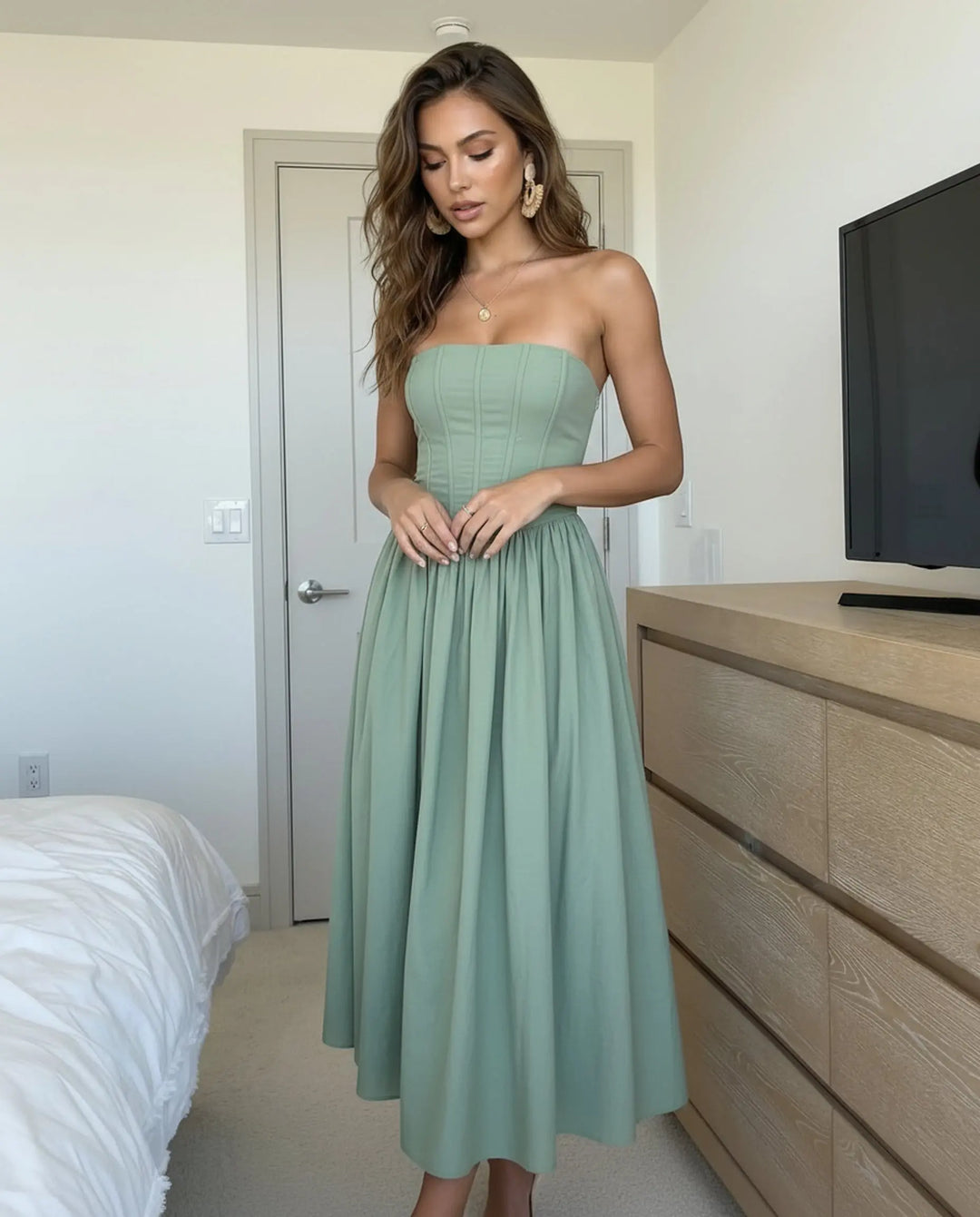 SOLACE  Sage Green Strapless Sleeveless Corset Midi Dress 