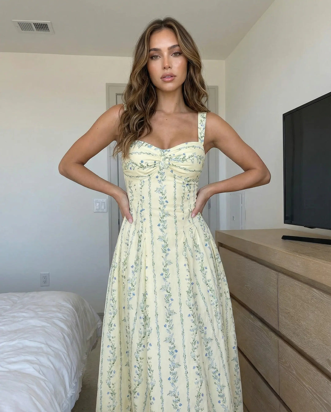 SOLACE  Yellow Floral Print Sweetheart Neck Sleeveless Maxi Dress 