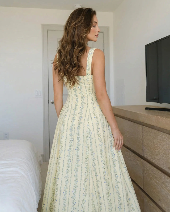 SOLACE  Yellow Floral Print Sweetheart Neck Sleeveless Maxi Dress 