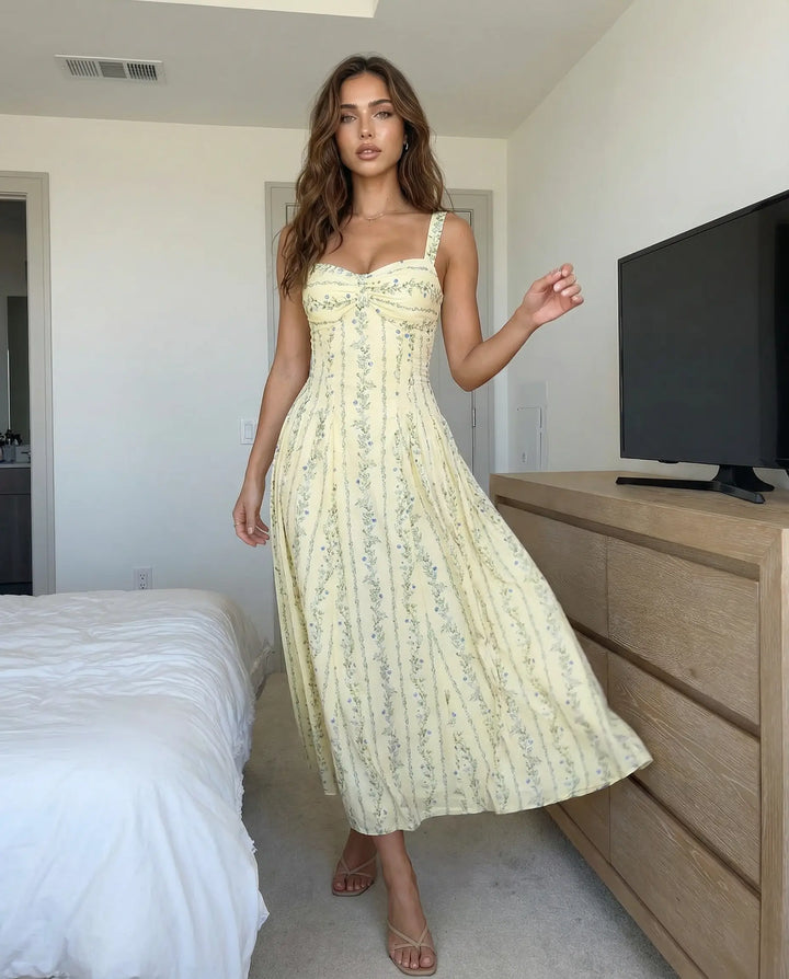 SOLACE  Yellow Floral Print Sweetheart Neck Sleeveless Maxi Dress 