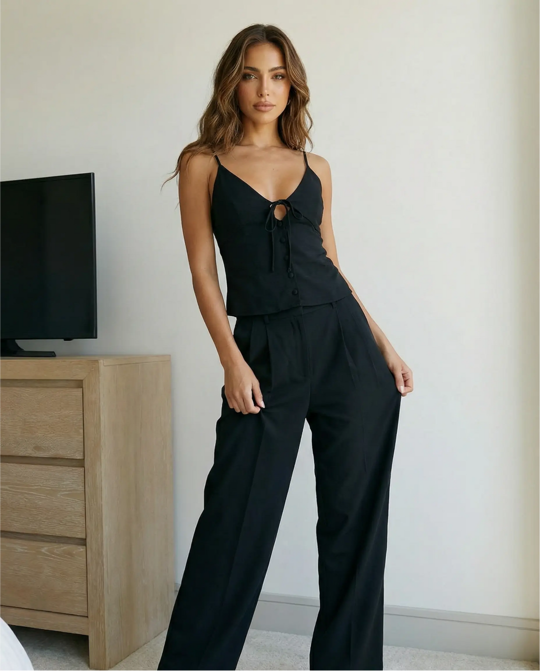 SOLACE  Black Spaghetti Strap Camisole Wide Leg Pants Set 