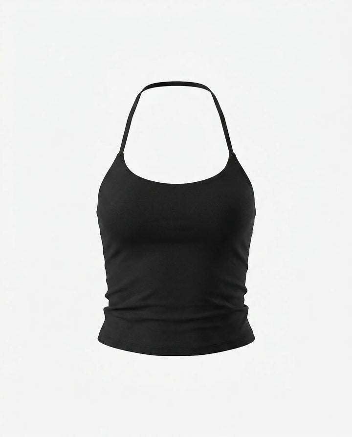 SOLACE  Black Halter Neck Tie Backless Crop Top 