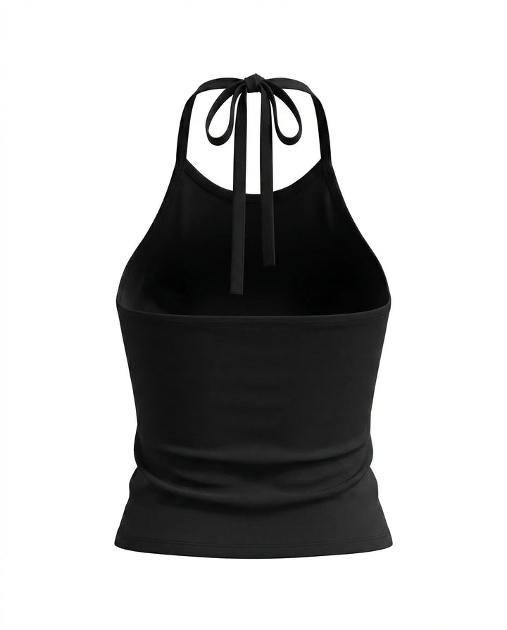 SOLACE  Black Halter Neck Tie Backless Crop Top 