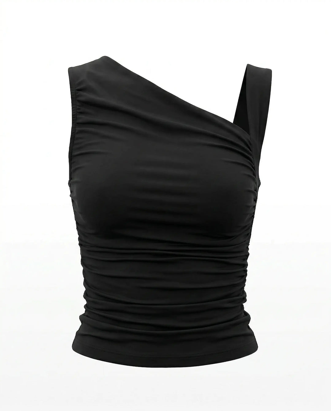 SOLACE  Black Asymmetrical One Shoulder Ruched Crop Top 