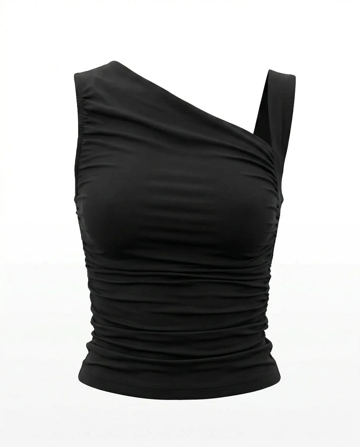 SOLACE  Black Asymmetrical One Shoulder Ruched Crop Top 