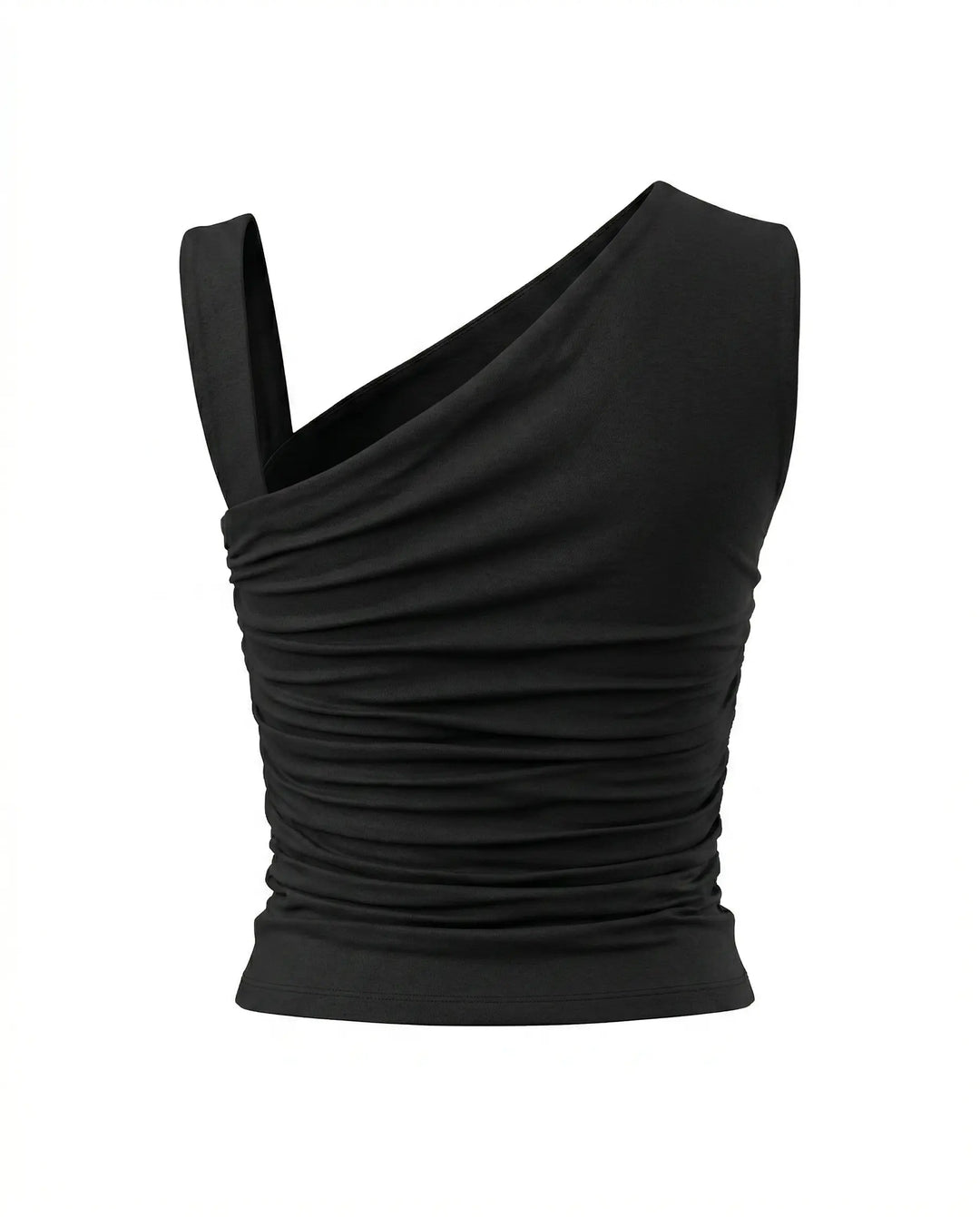 SOLACE  Black Asymmetrical One Shoulder Ruched Crop Top 