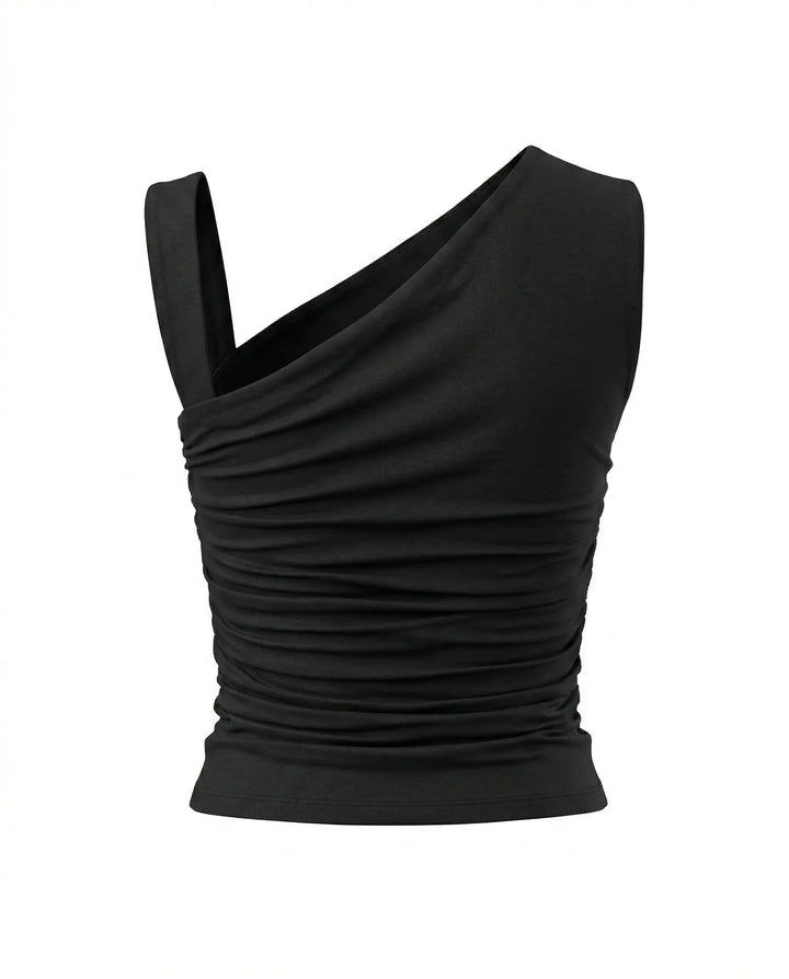 SOLACE  Black Asymmetrical One Shoulder Ruched Crop Top 