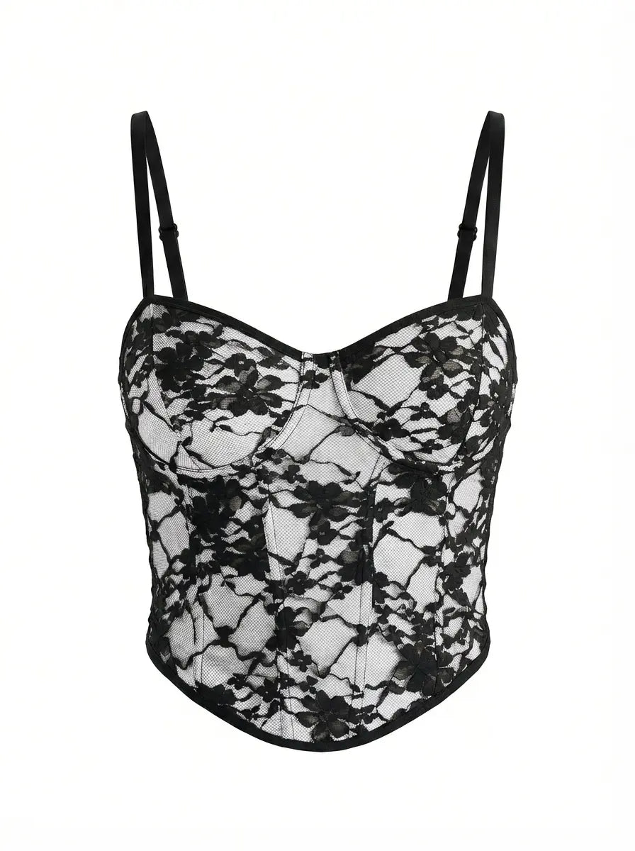 SOLACE  Black Lace Sleeveless Spaghetti Corset Cami Top 