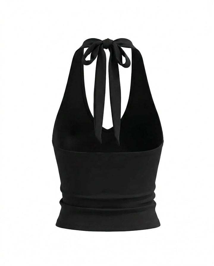 SOLACE  Black Halter Deep V Neck Tie Backless Crop Top 