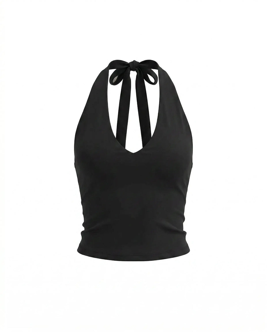 SOLACE  Black Halter Deep V Neck Tie Backless Crop Top 
