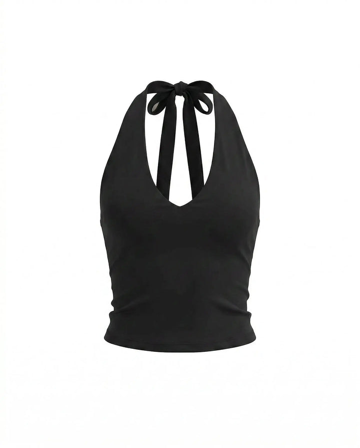 SOLACE  Black Halter Deep V Neck Tie Backless Crop Top 