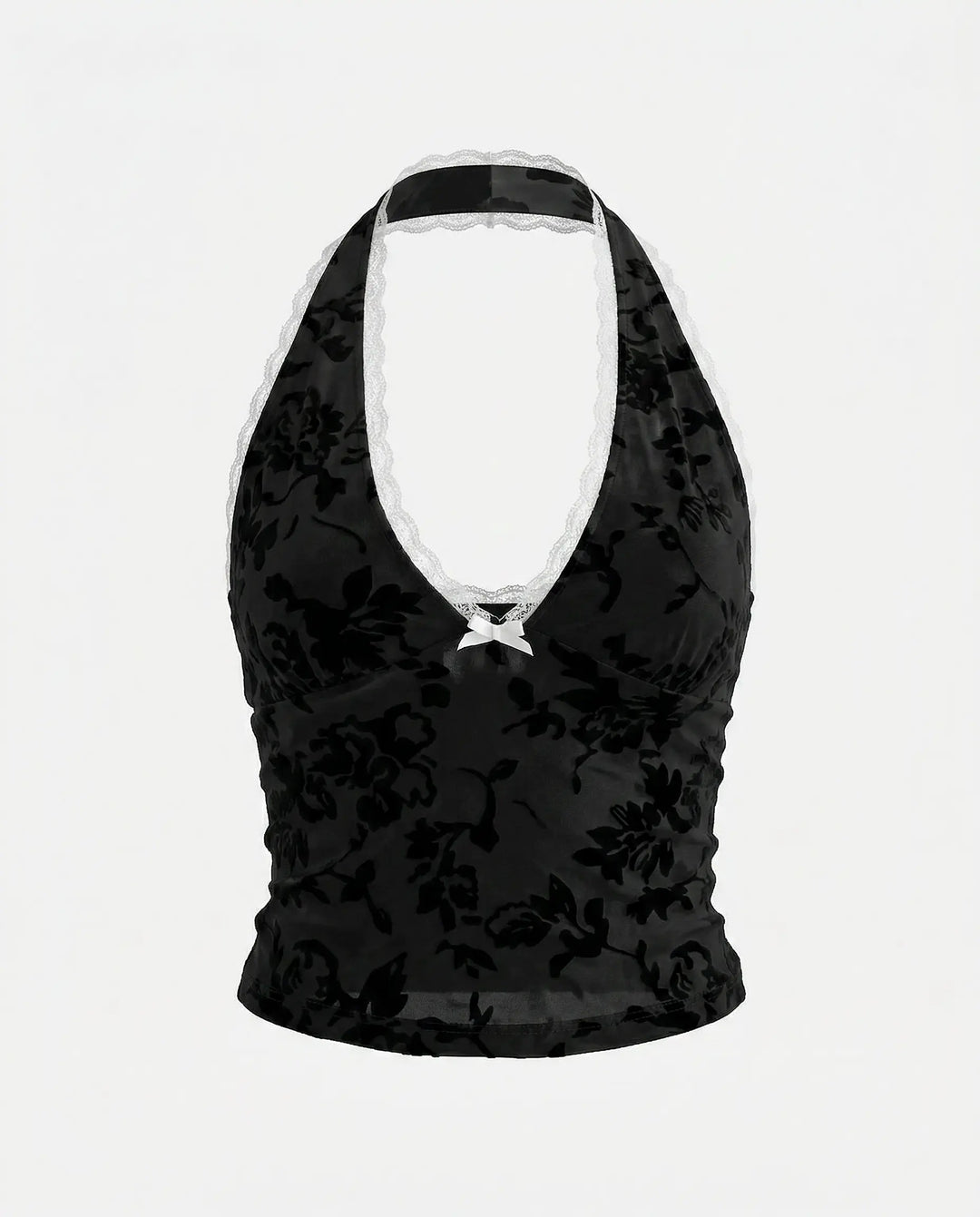 SOLACE  Black Velvet Floral Lace Trim Halter Neck Crop Top 