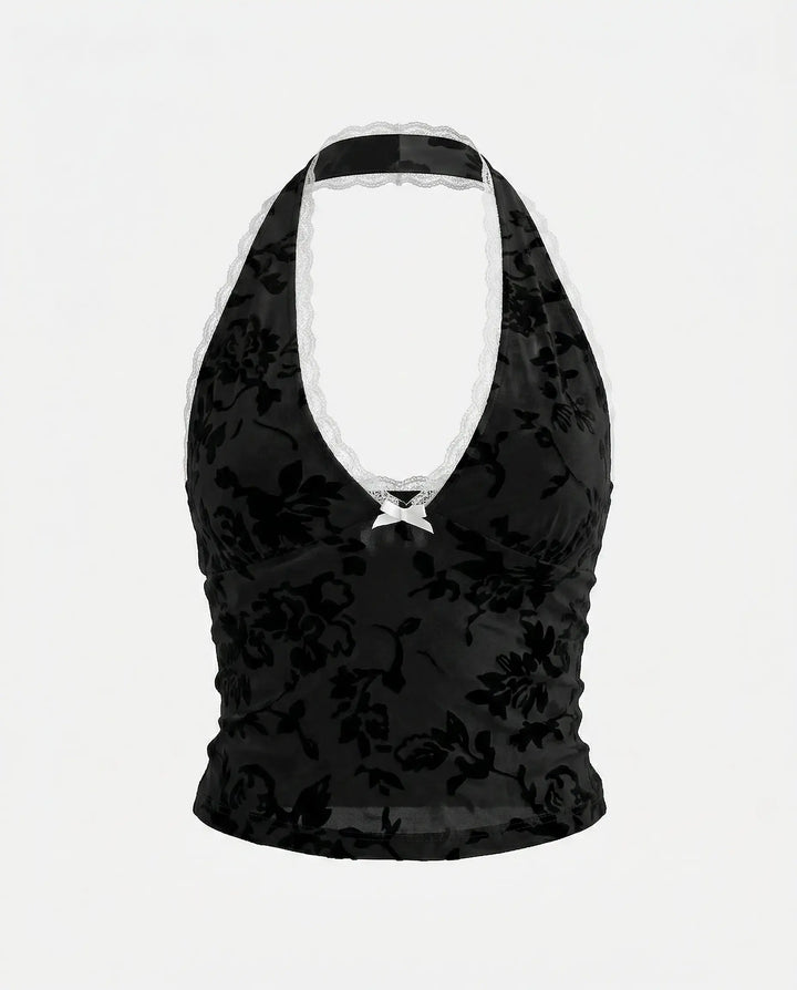 SOLACE  Black Velvet Floral Lace Trim Halter Neck Crop Top 