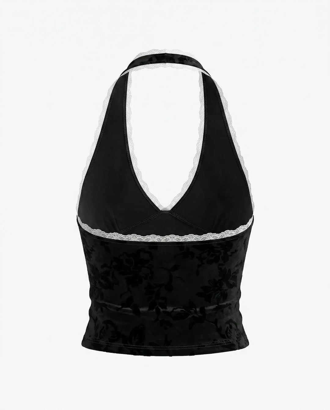 SOLACE  Black Velvet Floral Lace Trim Halter Neck Crop Top 
