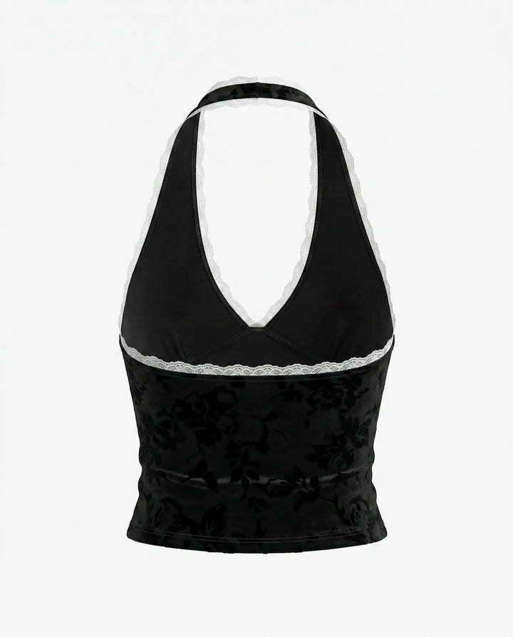 SOLACE  Black Velvet Floral Lace Trim Halter Neck Crop Top 
