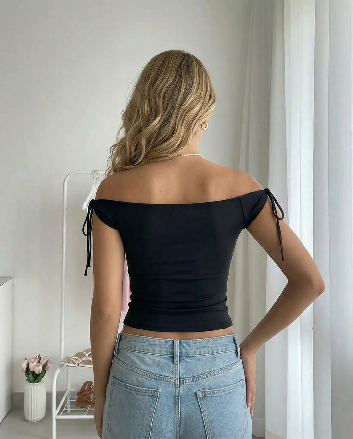 SOLACE  Black Off-Shoulder Tie Short Sleeve Crop Top 