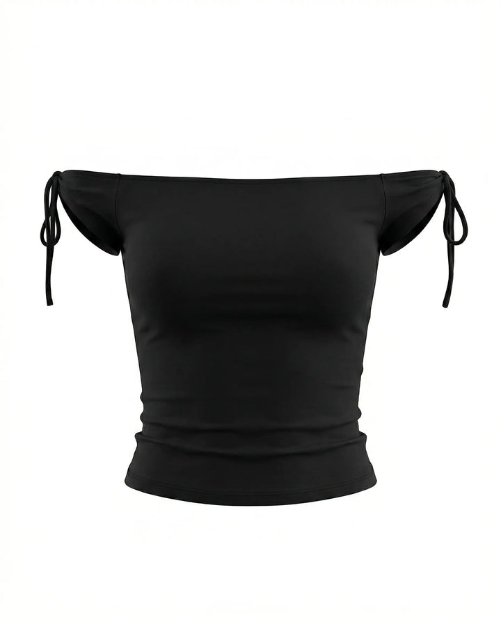 SOLACE  Black Off-Shoulder Tie Short Sleeve Crop Top 