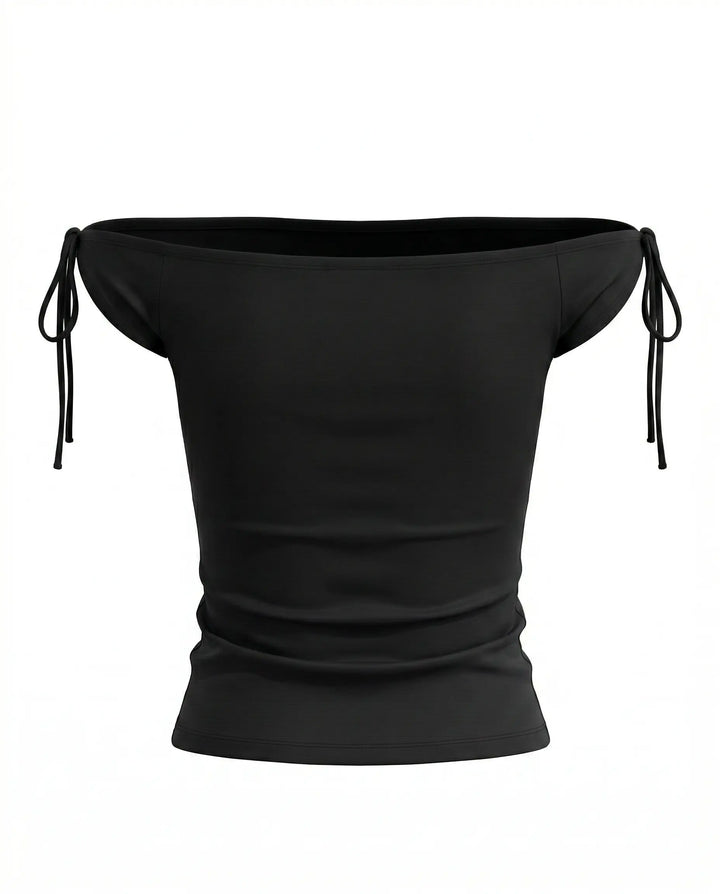 SOLACE  Black Off-Shoulder Tie Short Sleeve Crop Top 