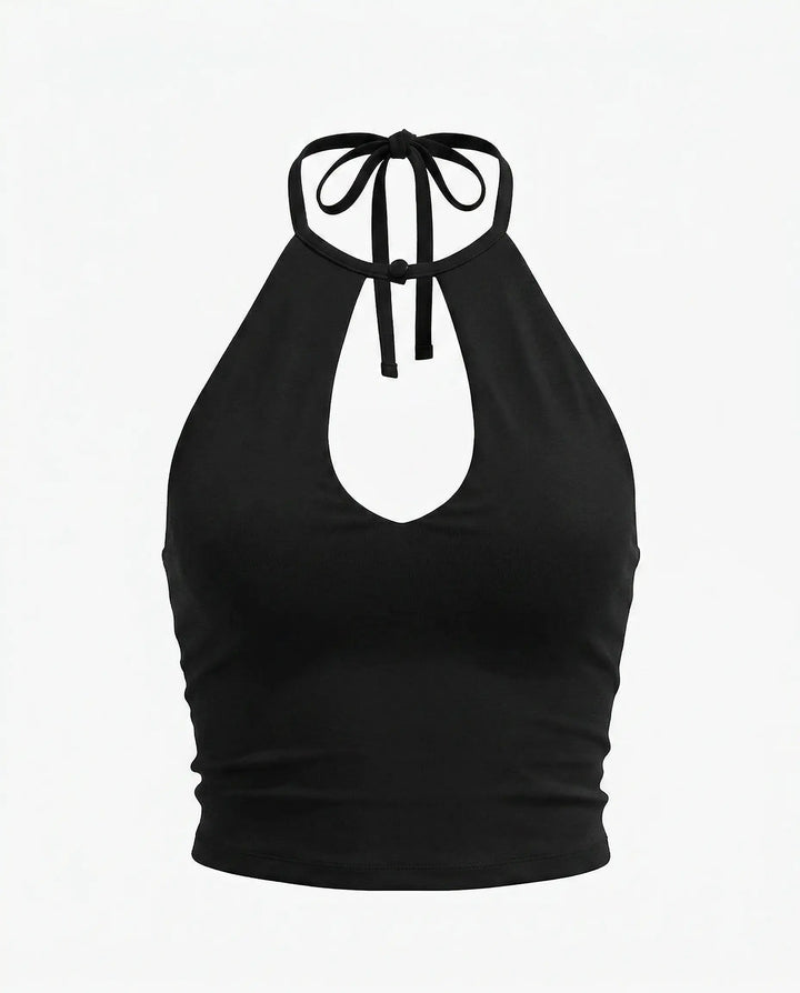 SOLACE  Black Halter Neck Keyhole Cutout Crop Top 