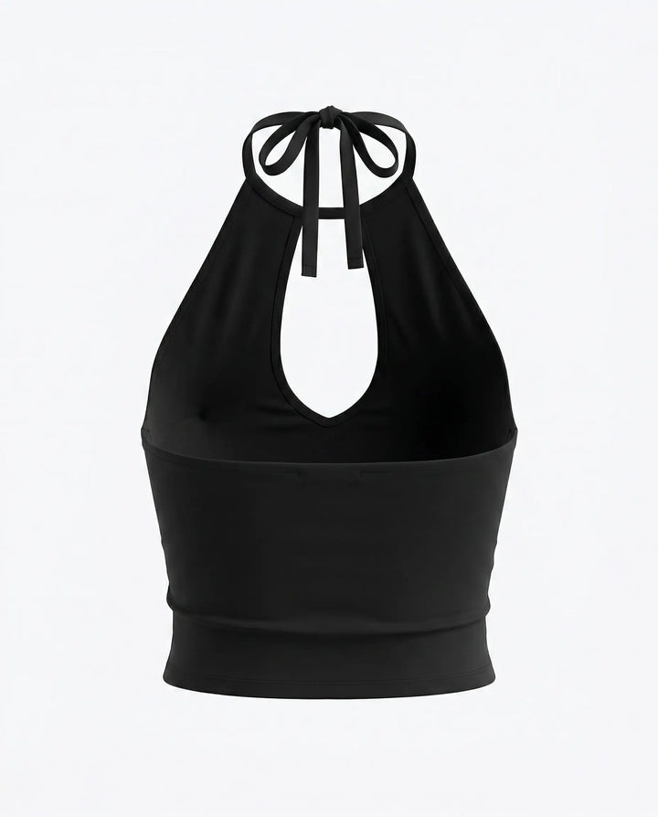 SOLACE  Black Halter Neck Keyhole Cutout Crop Top 